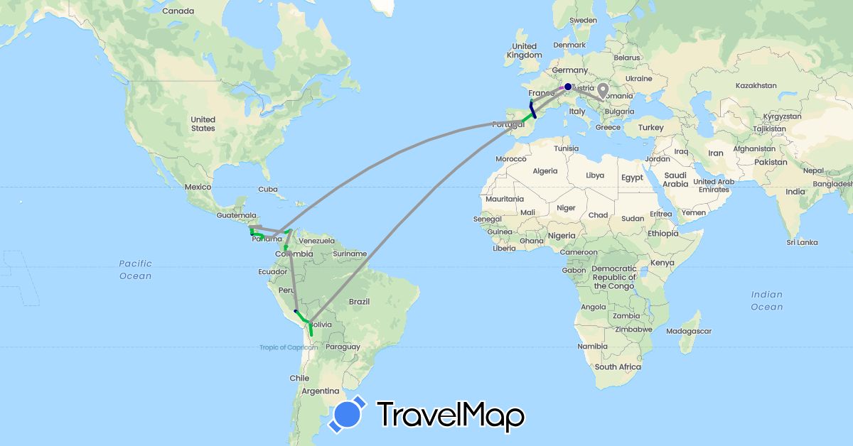 TravelMap itinerary: driving, bus, plane, train in Bolivia, Switzerland, Colombia, Costa Rica, Germany, Spain, France, Nicaragua, Panama, Peru, Serbia (Europe, North America, South America)